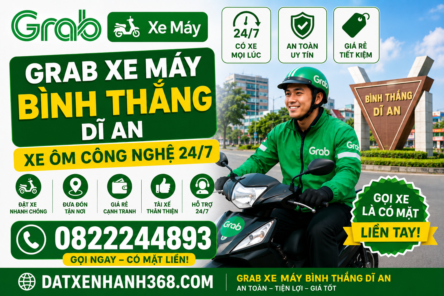 GRAB XE MÁY BÌNH THẮNG DĨ AN ☎️ XE ÔM CÔNG NGHỆ 24/7